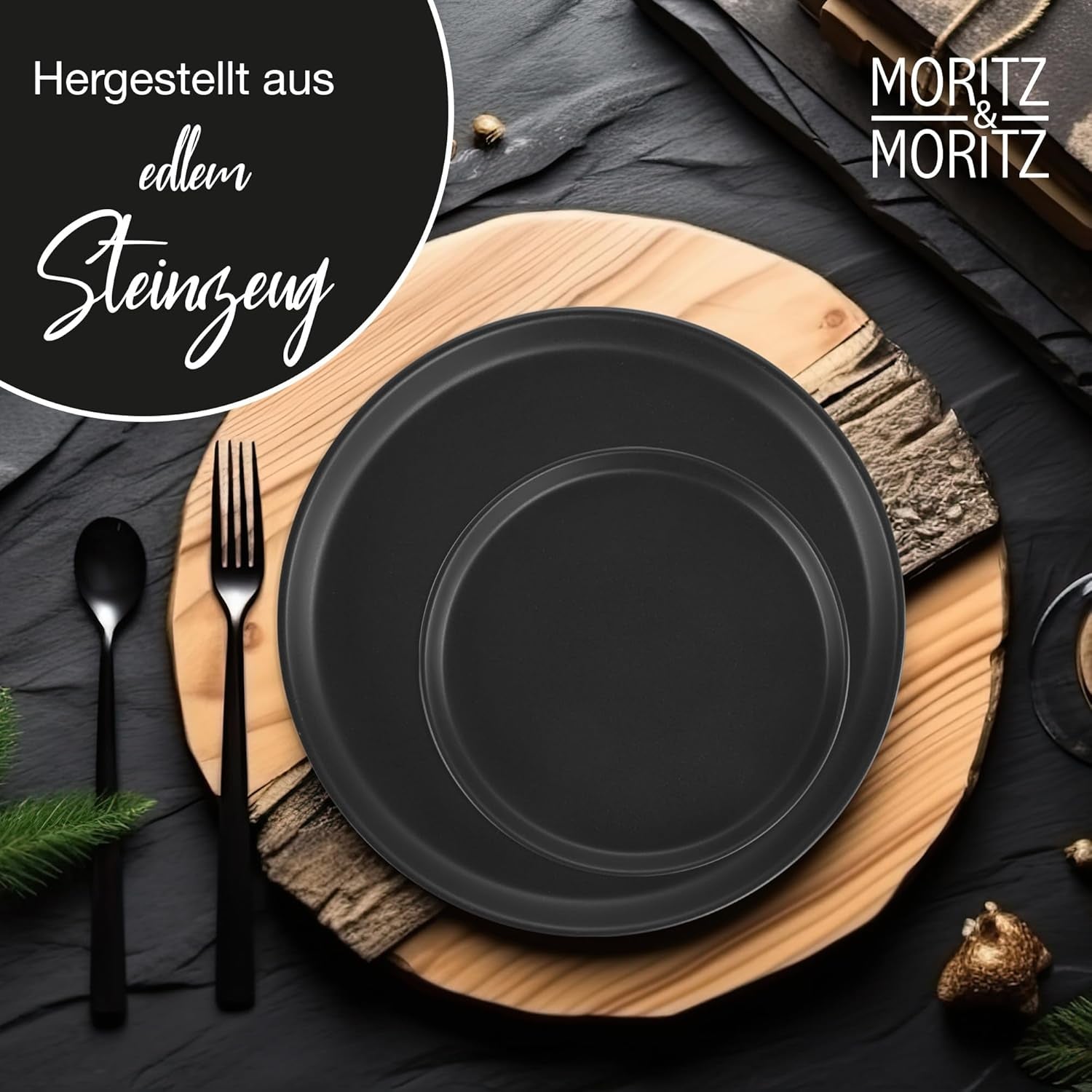 Moritz & Moritz NORDIC 6-osobowy zestaw naczyń obiadowych - 18-częściowy zestaw naczyń obiadowych z czarnej kamionki - skandynawski design - 6-osobowy solidny zestaw naczyń obiadowych do codziennego użytku i dla gości - Łączony zestaw naczyń obiadowych