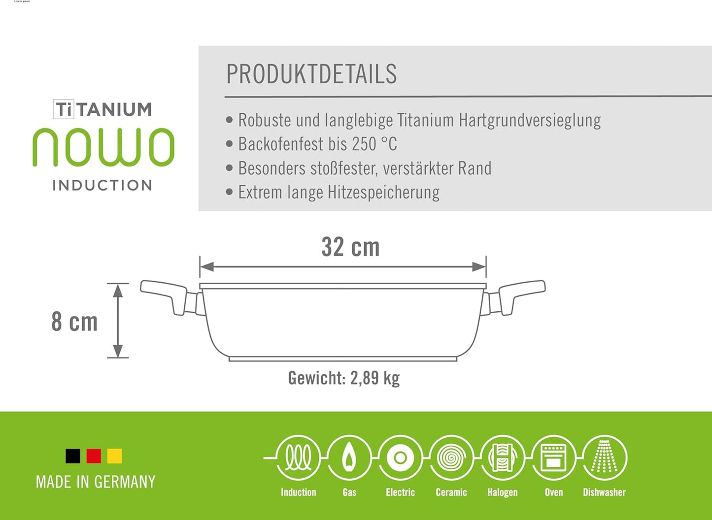 Woll Nowo Tytanowa zapiekanka - Induktiv -, Ø 32 Cm, 8 Cm Hoch, 5,5 Liter, Mit 2 Seitengriffen - Geeignet Für Alle Herdarten Formy i blachy do pieczenia Naty Shop