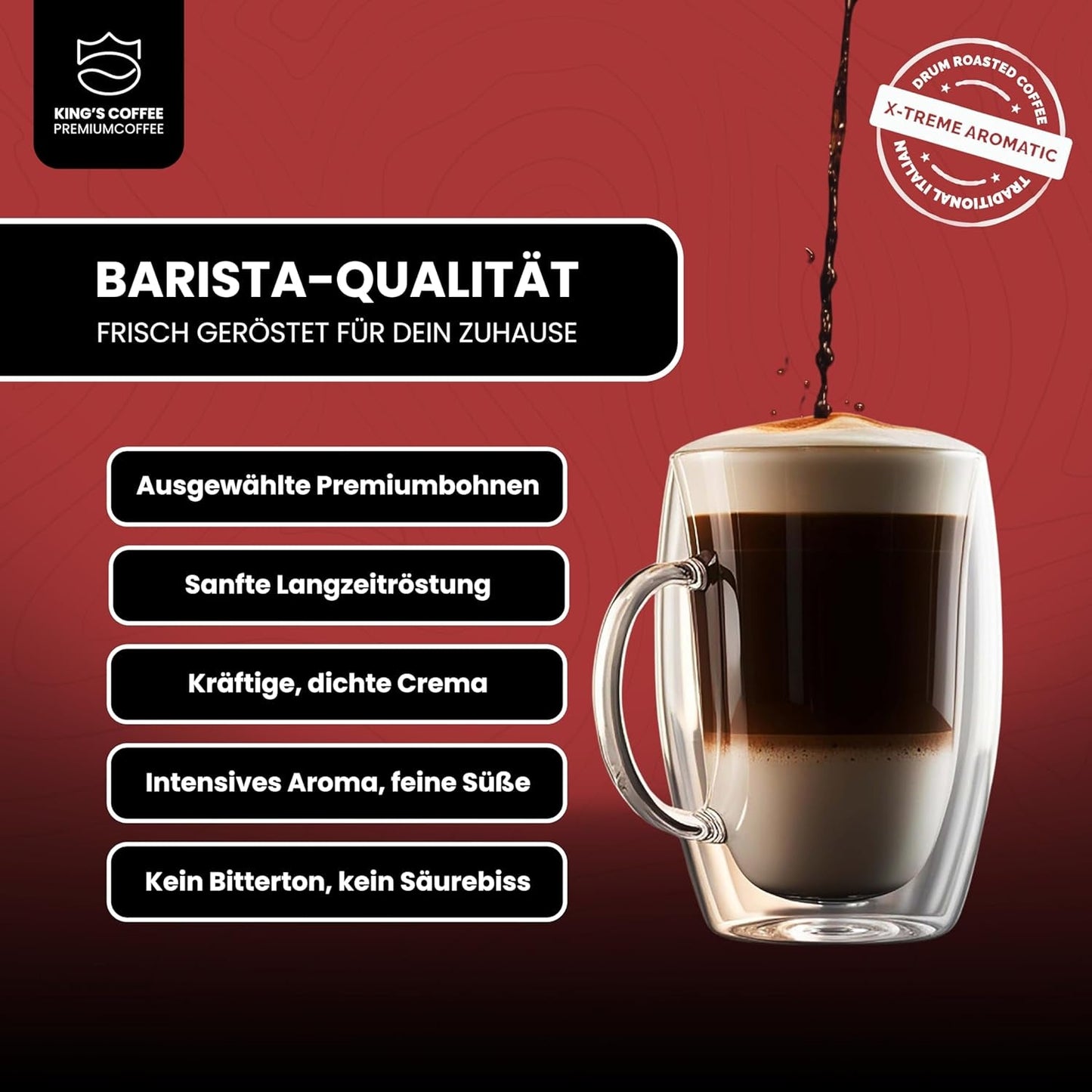 KING'S COFFEE - EXTREME ROAST - Ziarna Espresso Intenso - bardzo niska kwasowość - palenie małych partii z Włoch - kawa ziarnista do ekspresów w pełni automatycznych i ekspresów kolbowych - 1 kg