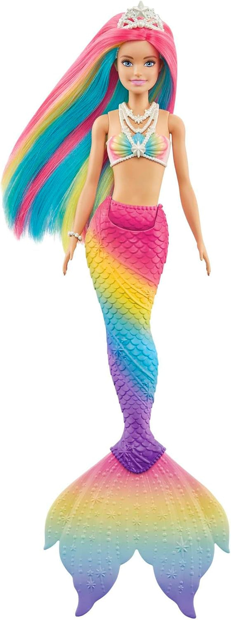 Barbie Dreamtopia tęczowa magiczna syrenka, Barbie syrenka z tęczowymi włosami, lalka zmieniająca kolor aktywowana wodą, 3-letnia zabawka, prezent dla dziewczynek, lalki GTF89 Naty Shop pojedyncze tęczowe włosy