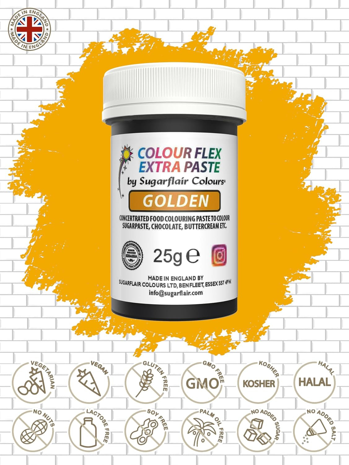 Barwnik spożywczy Sugarflair Colourflex Extra Paste Golden - Jadalny barwnik spożywczy do śmietany, czekolady, pasty cukrowej, lukru, kremówki, mieszanek ciast, ciast i nie tylko - 25g