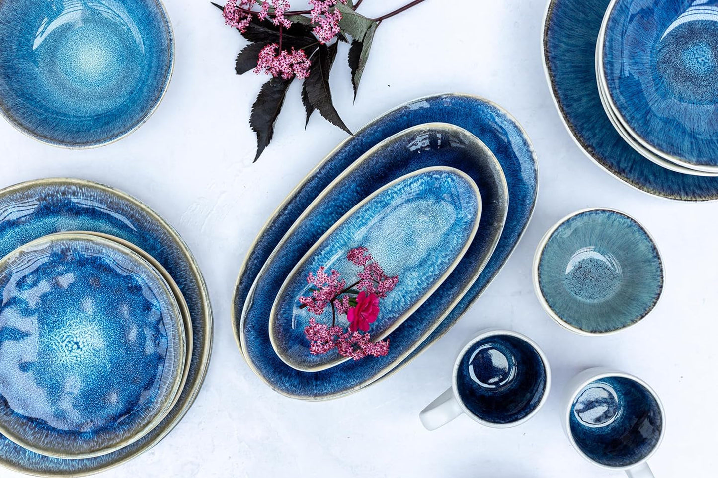 MĘSER 934092 Seria Frozen, Zestaw ceramicznych zastaw stołowych na 4 osoby, 16-częściowy serwis kombinowany o organicznych kształtach, serwis bejcowany na niebiesko, kamionka, ciemnoniebieski