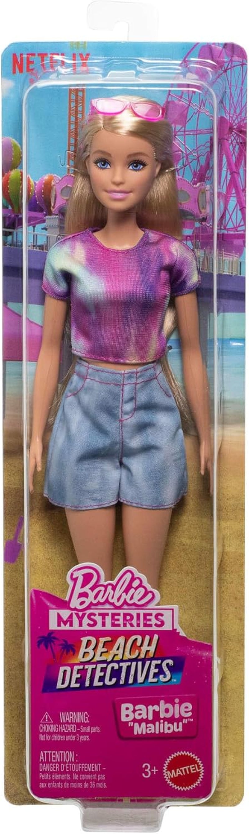 Barbie Mysteries: lalka Detektywi z Malibu Beach w charakterystycznym stroju i akcesoriach, w tym okularach przeciwsłonecznych, JFV63