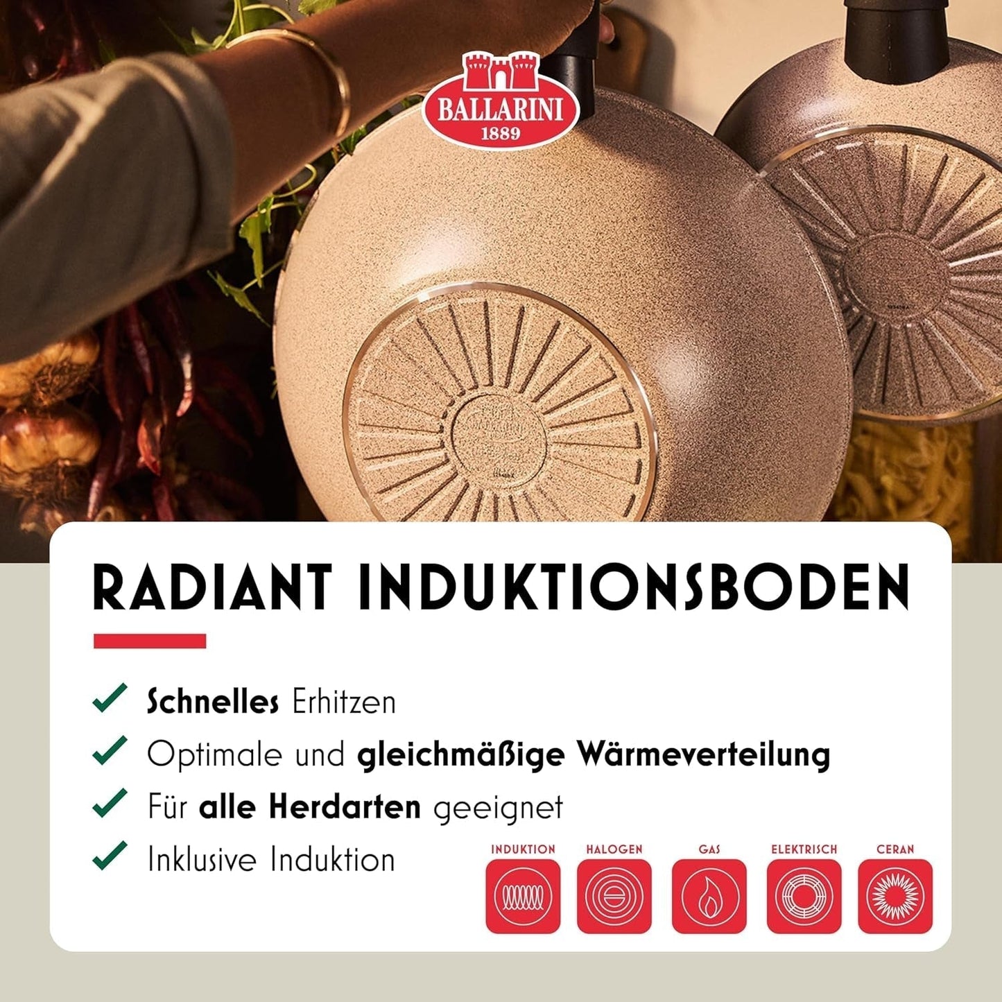Patelnia Ledro 24 cm, aluminiowa, nadaje się do indukcji, nieprzywierająca powłoka ceramiczna, Thermopoint, Made in Italy, beżowa Garnki i patelnie Naty Shop
