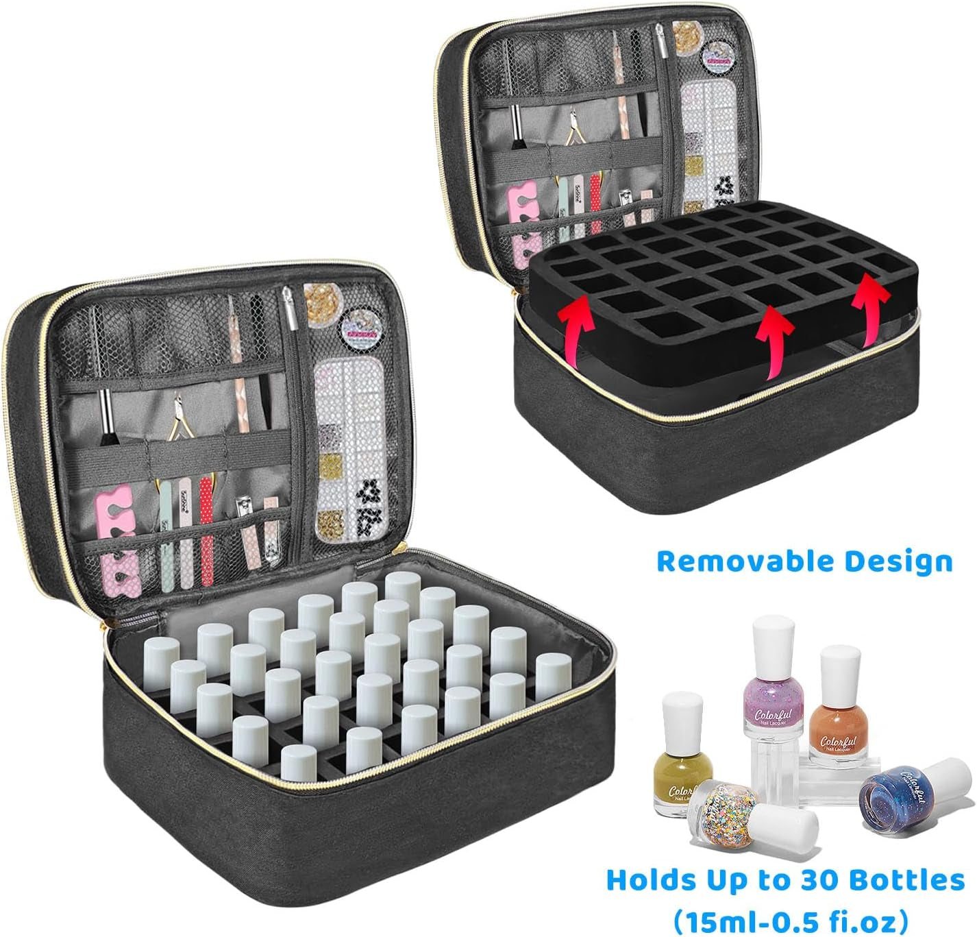 Organizer na lakier do paznokci Tasche, Doppelschicht Pudełko do przechowywania lakieru do paznokci, Organizer Koffer Für Nageldesign Kosmetiktasche Für 30 Flaschen Neonail Base (15Ml-0,5 Fl.Oz) i 1 lampa do paznokci (Schwarz)