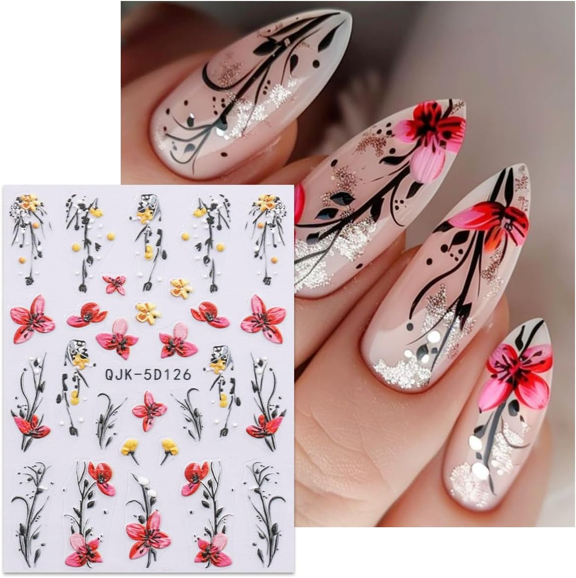 JMEOWIO 3D Nagelsticker Blumen Nail Art Naklejka Selbstklebend Nagelaufkleber 5D Stereoskopisch Frühling Sommer Dekoration Nageldesign Zubehör 4 Blatt