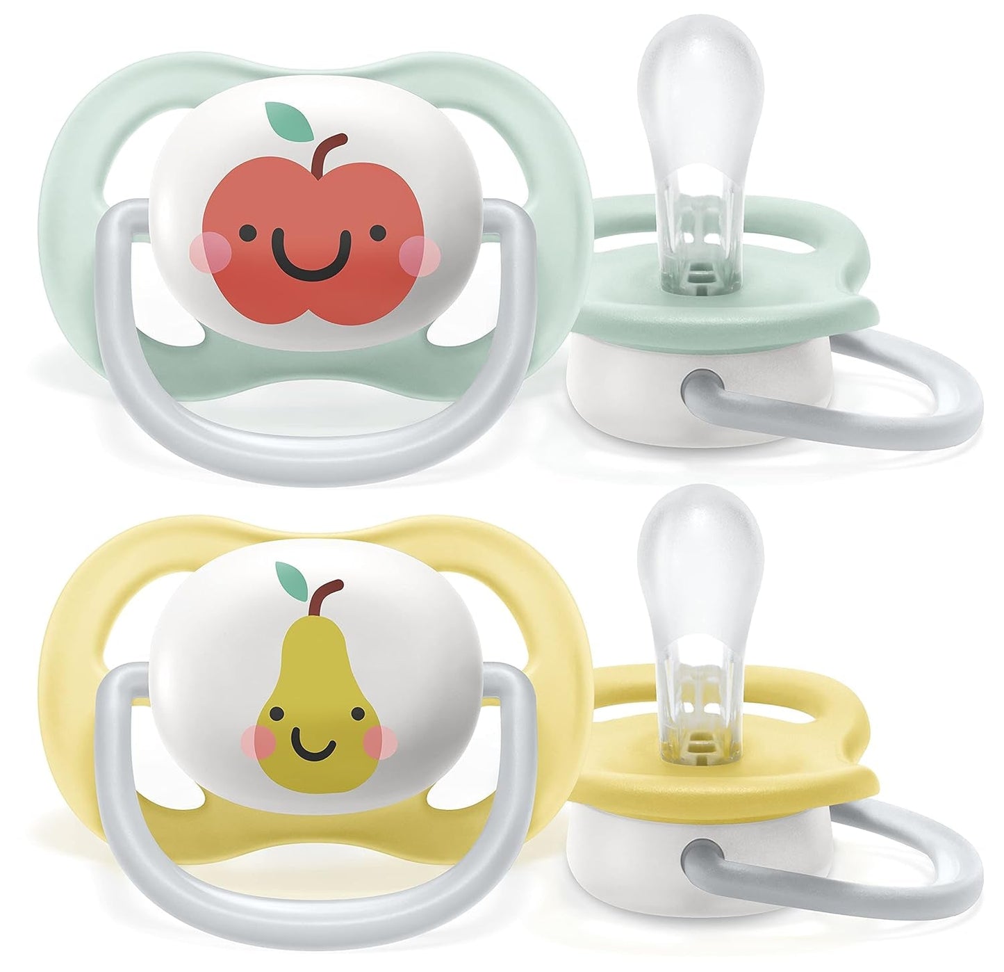 Smoczek Philips AVENT ultra air – 2 sztuki, niezawierający BPA, oddychający, dla dzieci w wieku 0–6 miesięcy, w zestawie etui i sterylizator, jabłko/gruszka (model SCF080/17)