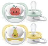 Smoczek Philips AVENT ultra air – 2 sztuki, niezawierający BPA, oddychający, dla dzieci w wieku 0–6 miesięcy, w zestawie etui i sterylizator, jabłko/gruszka (model SCF080/17)