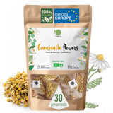 ORIGEENS Ekologiczna herbata kwiatowa z rumianku z Europy, 100 g | Herbata liściasta, organiczna herbata na sen i trawienie | Rumianek Niemiecki | Certyfikowane i pakowane w Niemczech