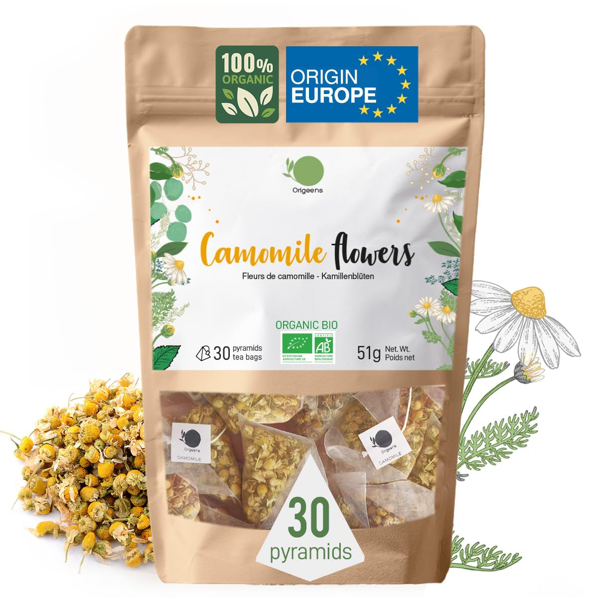 ORIGEENS Ekologiczna herbata kwiatowa z rumianku z Europy, 100 g | Herbata liściasta, organiczna herbata na sen i trawienie | Rumianek Niemiecki | Certyfikowane i pakowane w Niemczech