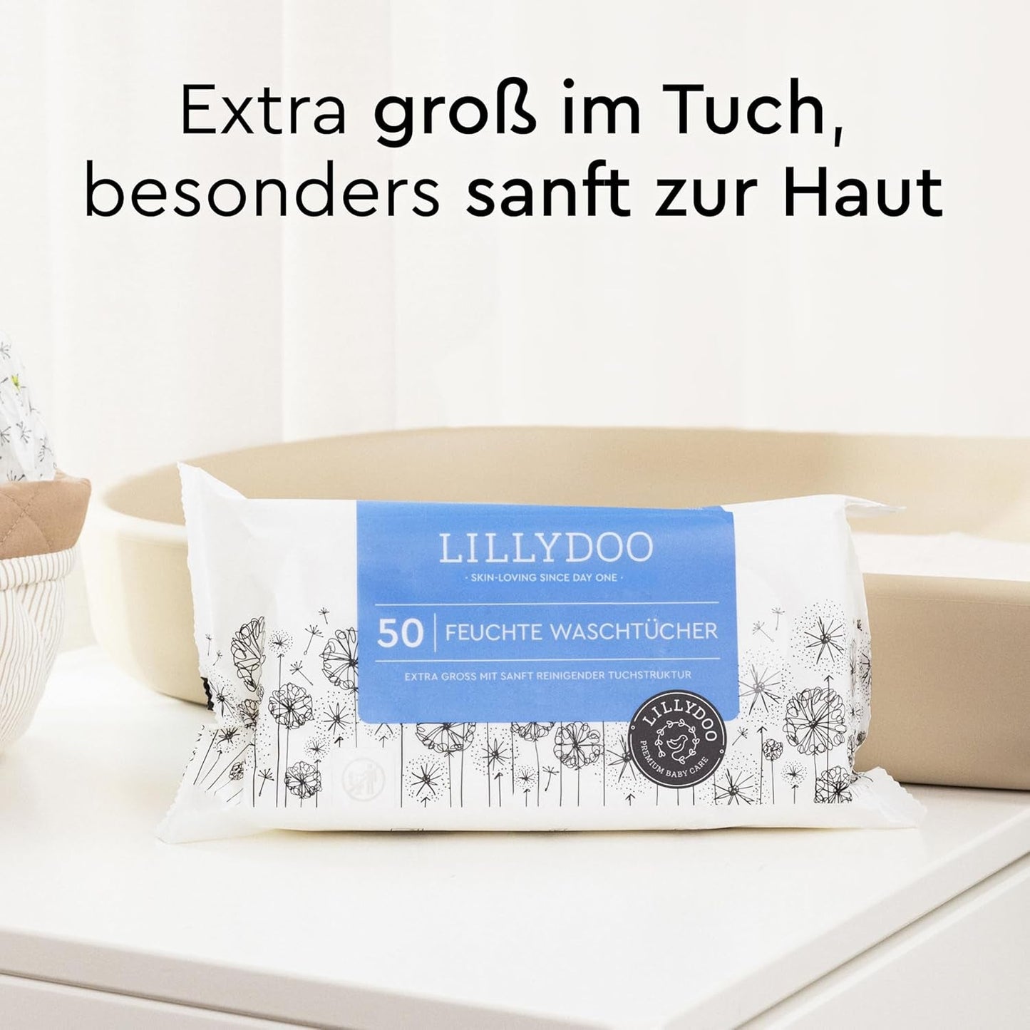 LILLYDOO Chusteczki nawilżane, 50 szt., 100% bez plastiku, bardzo duże, bezzapachowe