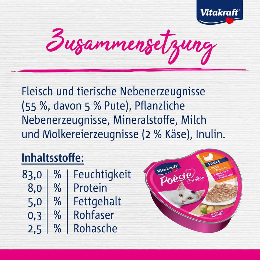Vitakraft Poésie Création, mokra karma dla kota, mokra karma dla kota w sosie, z indykiem w sosie serowym, opakowanie zbiorcze, bez dodatku cukru i zbóż (15 x 85g)