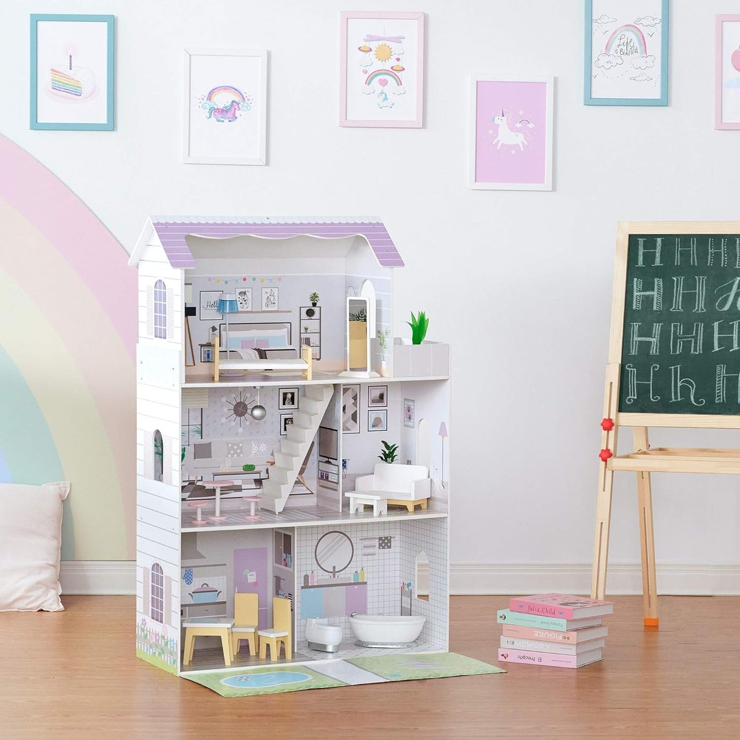 Teamson Kids Olivia's Little World Gigantyczny domek dla lalek z 16 akcesoriami dla lalek, drewniany domek dla lalek z meblami, 3-piętrowy, 30 cm domek dla lalek dla dzieci w wieku 3+
