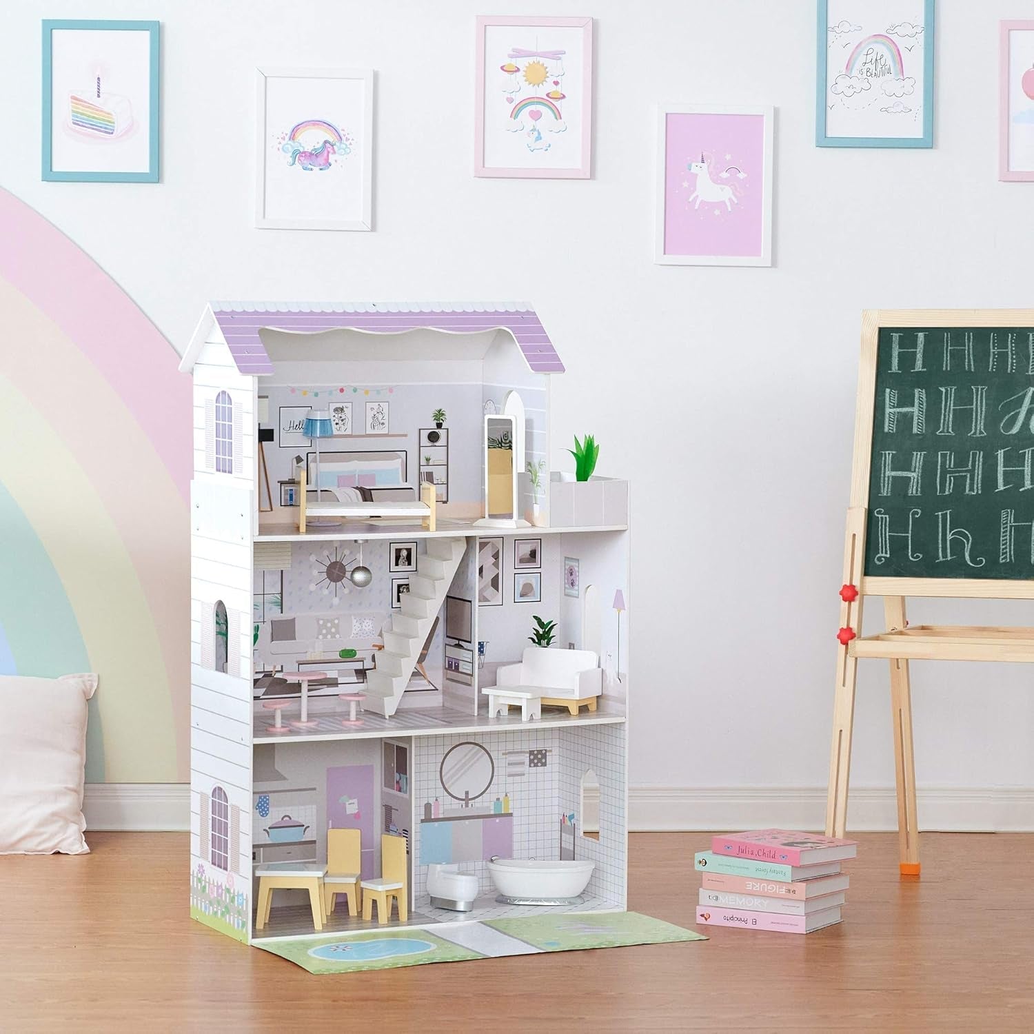 Teamson Kids Olivia's Little World Gigantyczny domek dla lalek z 16 akcesoriami dla lalek, drewniany domek dla lalek z meblami, 3-piętrowy, 30 cm domek dla lalek dla dzieci w wieku 3+