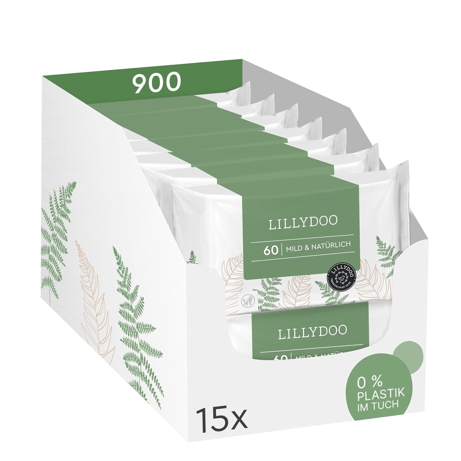 LILLYDOO Zielone chusteczki nawilżane, 600 szt. (10 x 60), odporne na rozdarcia chusteczki w 100% wolne od plastiku - bezzapachowe, delikatne i naturalne, delikatnie oczyszczają wrażliwą skórę, testowane dermatologicznie
