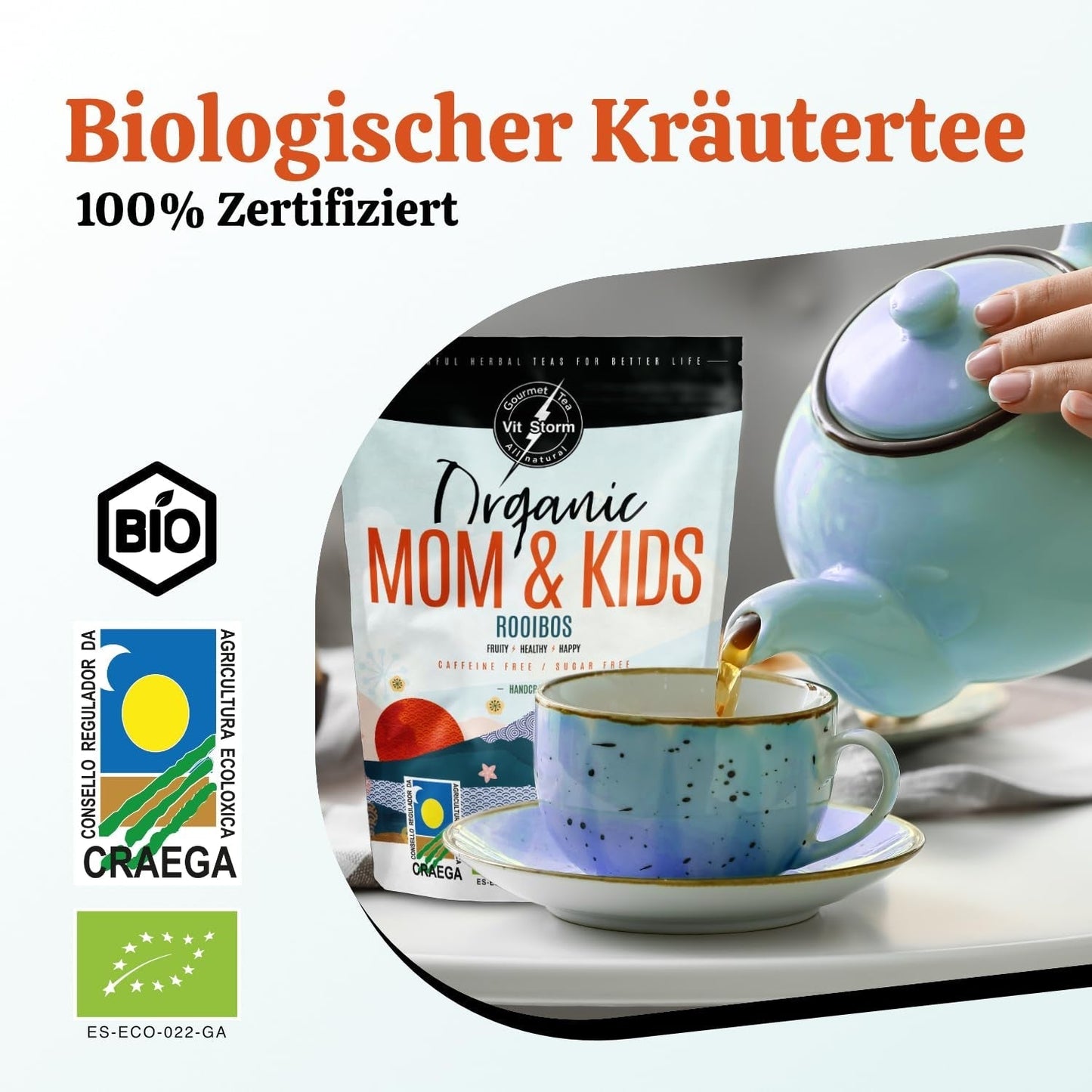 VITSTORM® BIO TEE Mom & Kids - Herbata dla kobiet i karmiących piersią - Rooibos, jabłko, koper włoski, melisa, alchemilla, truskawka - Herbata relaksująca - Owocowa i pyszna - Bez kofeiny - Herbata ziołowa 100 g