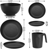 Zestaw obiadowy Berglander z czarnego plastiku, 24 elementy, 6 talerzy i misek wielokrotnego użytku, w tym talerze obiadowe, talerze deserowe, miseczki na płatki i kubki do domu, ogrodu i pikników
