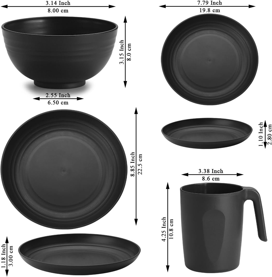 Zestaw obiadowy Berglander z czarnego plastiku, 24 elementy, 6 talerzy i misek wielokrotnego użytku, w tym talerze obiadowe, talerze deserowe, miseczki na płatki i kubki do domu, ogrodu i pikników