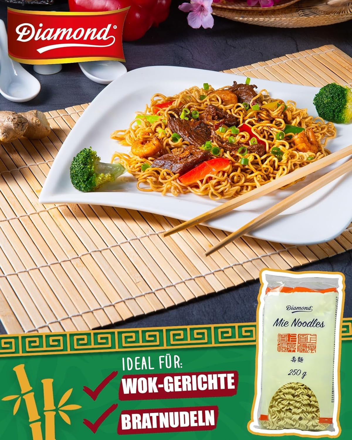 DIAMOND Mie Noodles, makaron pszenny bez jajka, szybki i łatwy w przygotowaniu, wegetariański - 8 x 250 g
