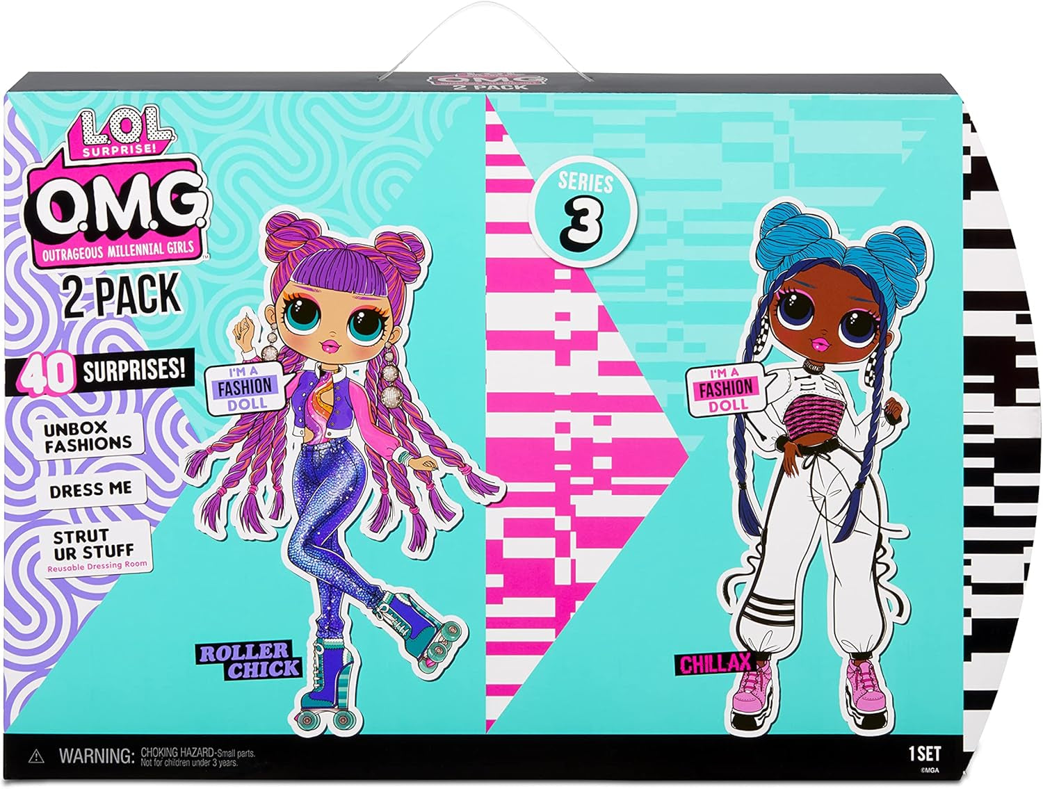 LOL Surprise OMG Fashion Doll 2 sztuki ROLLER CHICK & CHILLAX - Ekskluzywne Puppen mit 40 Überraschungen inkl. Ubrania i akcesoria - Zestaw Verpackungs-Spielset 2 w 1 - Serie 3 - Für Kinder ab 4 Jahren
