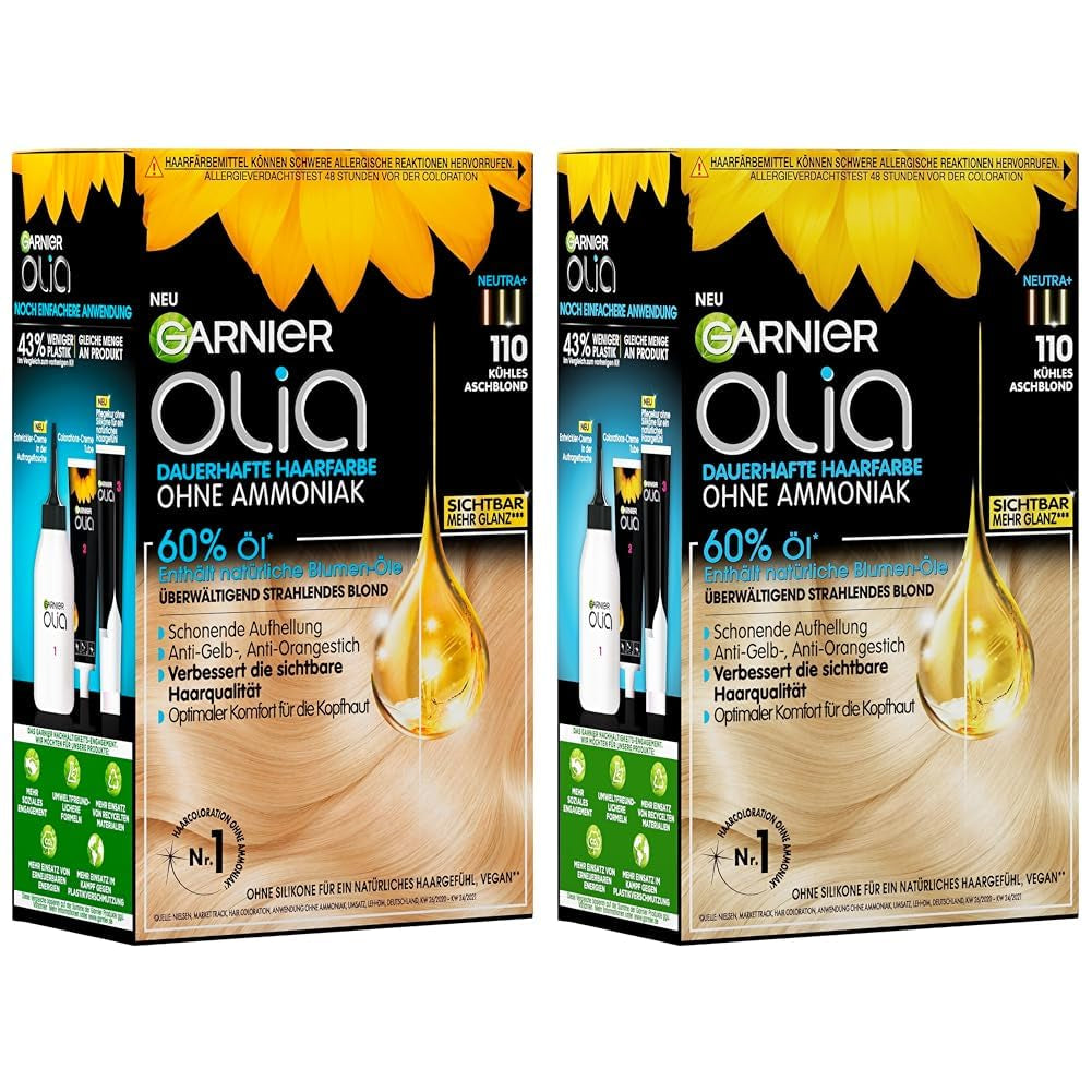 Garnier Olia 110 Chłodny popielaty blond Bez amoniaku Trwały kolor z odżywczymi olejkami naturalnymi Pełne pokrycie Siwe włosy Trwały kolor 1 sztuka (2 szt.) Naty Shop Kolor włosów Domyślny tytuł