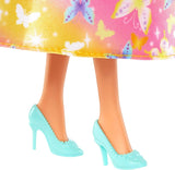 Królewska lalka Barbie z fantazyjnymi włosami i kolorowymi pasmami, kolorowymi dodatkami, gradientowym żółtym topem i spódniczką w kształcie motyla, lalki HRR09 Naty Shop