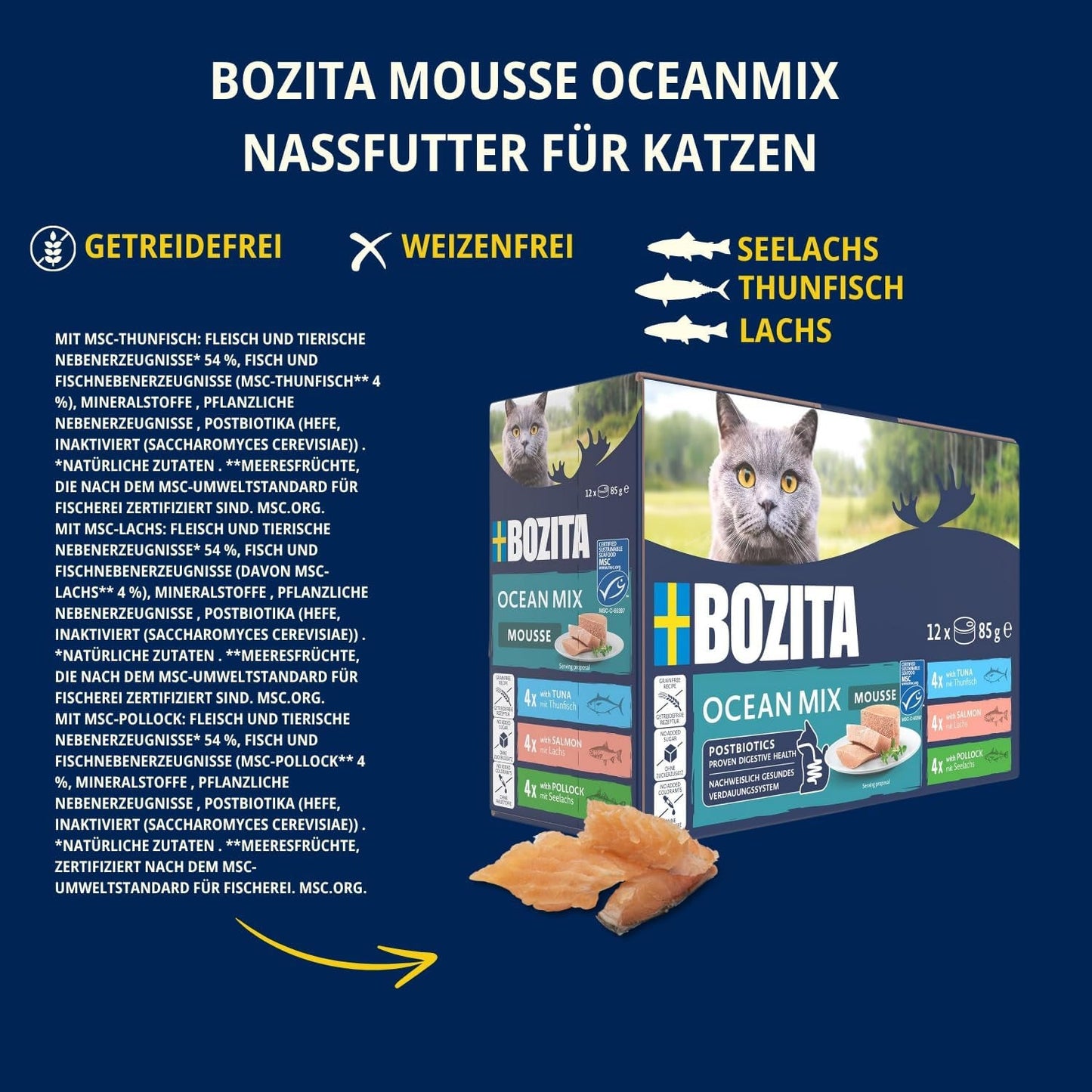 Bozita Mousse Ocean Mix - 12 x 85g mokra karma dla kotów z tuńczykiem, łososiem lub żółtym dorszem - bez zbóż, bez cukru i sztucznych barwników - z postbiotykami dla zdrowej flory jelitowej