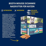Bozita Mousse Ocean Mix - 12 x 85g mokra karma dla kotów z tuńczykiem, łososiem lub żółtym dorszem - bez zbóż, bez cukru i sztucznych barwników - z postbiotykami dla zdrowej flory jelitowej
