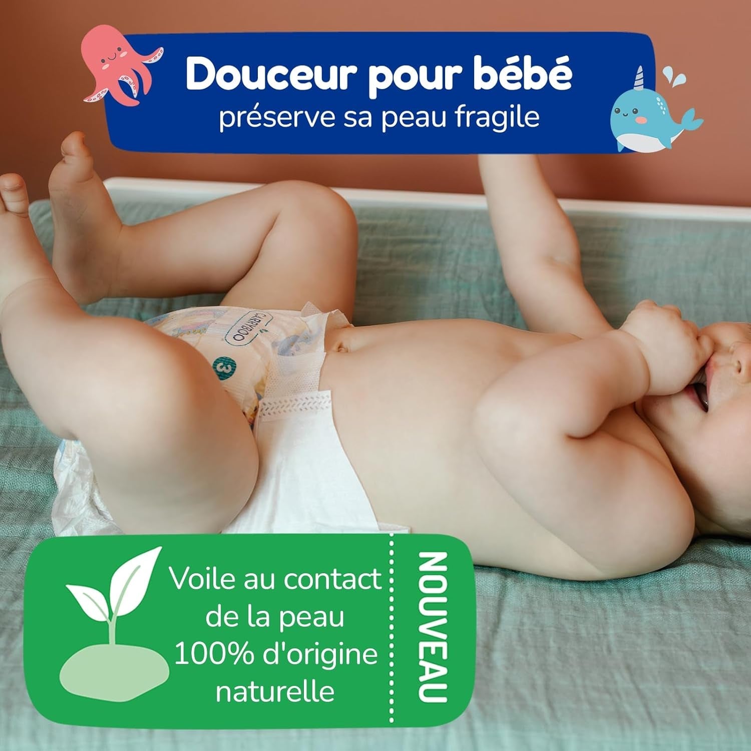 - Rozmiar pieluszki 4+ 9-20 kg – Ökologische Babywaidern – natürliche Babypflege, hipoallergen, ohne Parfüm und auslaufsicher – hermestellung we Francji – 126 pieluszek jednorazowych – 1 miesiąc