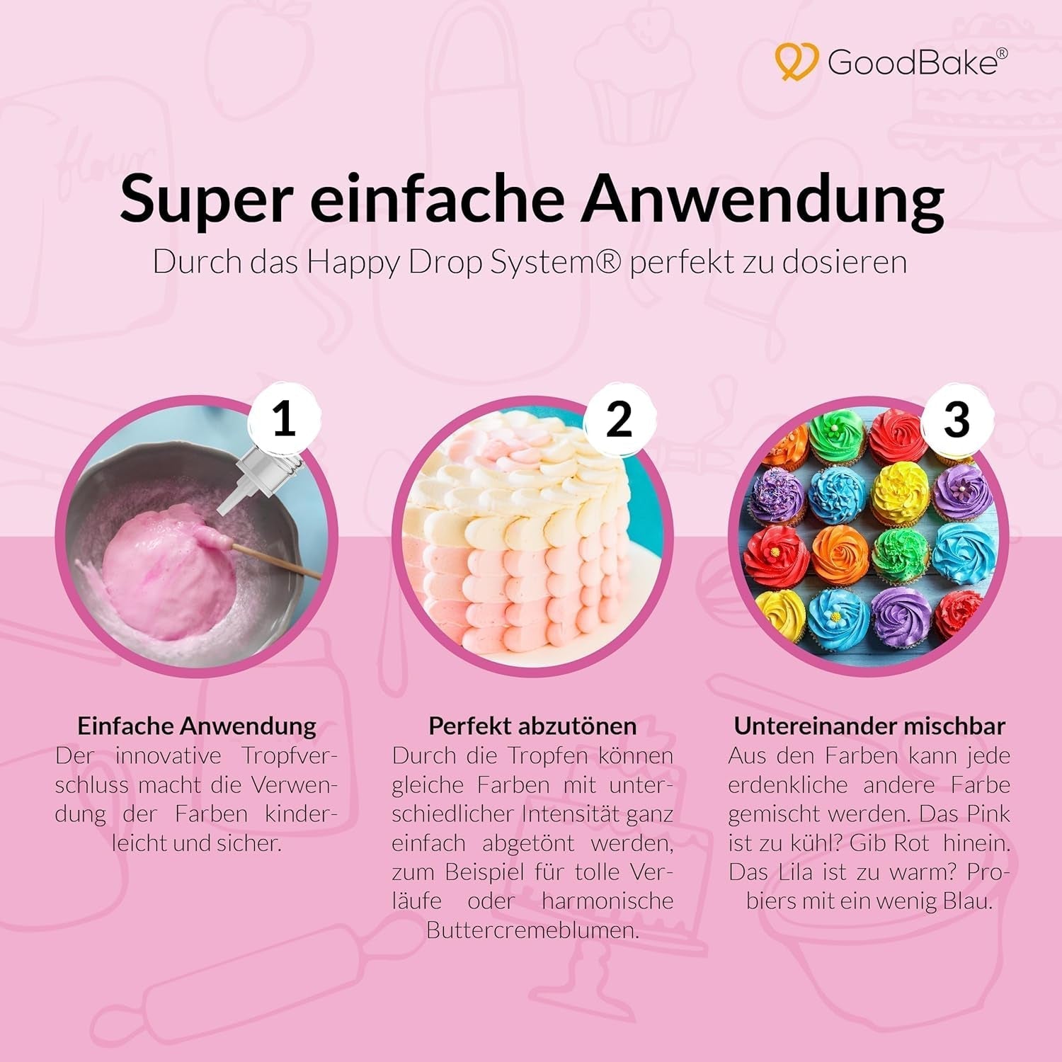 Goodbake Pink Food Coloring (11ml) - Intensywny barwnik spożywczy - Bardzo skoncentrowany kolor - Do barwienia ciast, fondantów, kremów maślanych, napojów, śluzów i wielu innych produktów. 100% wegańskie