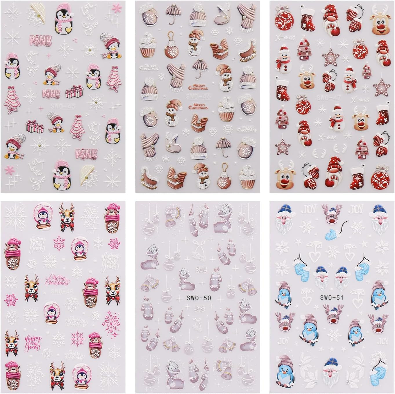 JMEOWIO Nagelsticker Weihnachten 6 Blatt Nail Art Naklejka Selbstklebend Nagelaufkleber Schneeflocke Winter Urlaub Süß Dekoration Nageldesign Zubehör