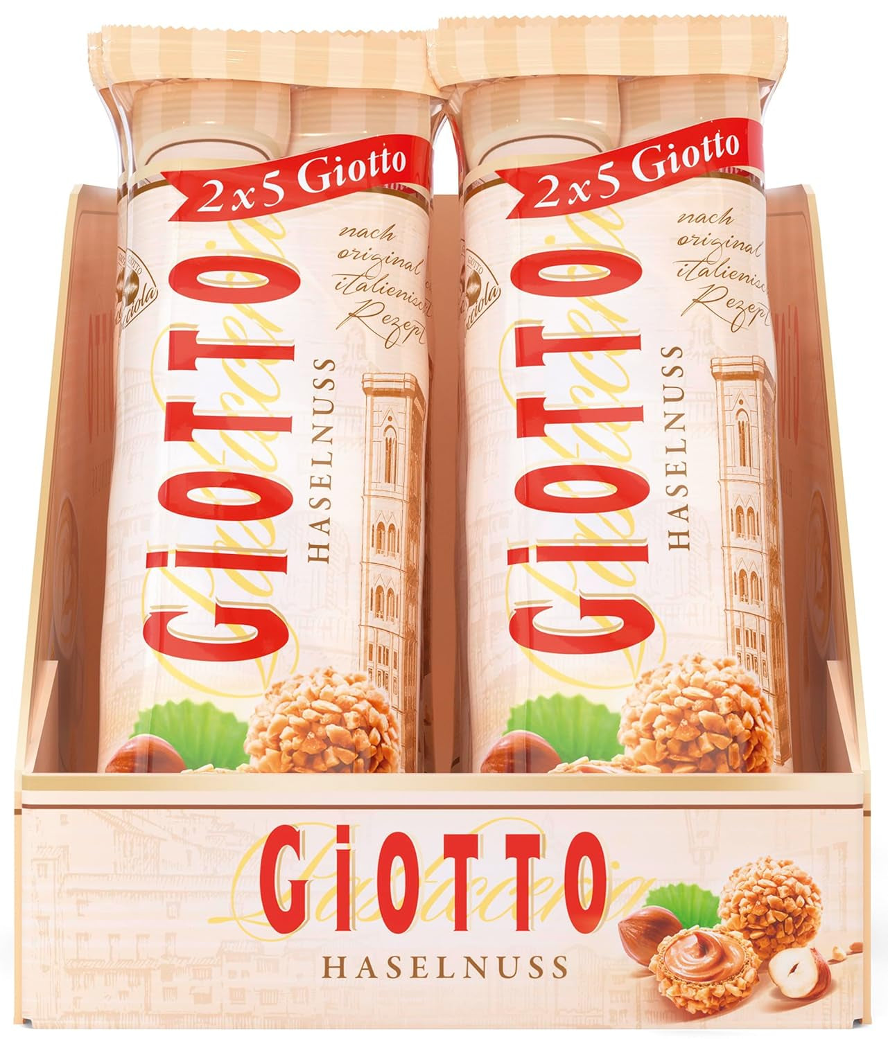 GiOTTO – specjalność cukiernicza przygotowana według oryginalnej włoskiej receptury – muszla waflowa, nadzienie mleczno-kremowe z orzechów laskowych i polewa z kawałków orzechów laskowych – 10 x 21,5g