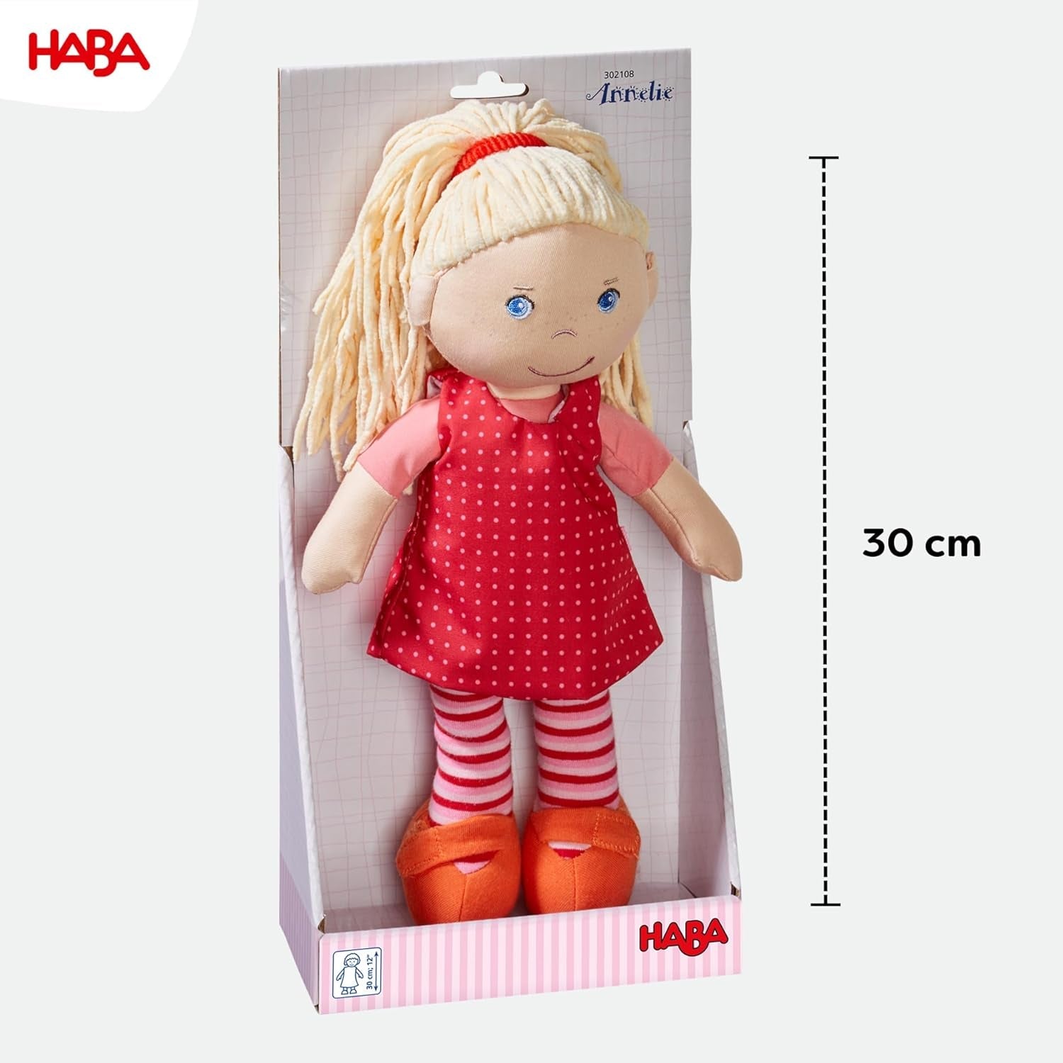 Miękka lalka HABA Annelie - Miękka lalka z ułożonymi włosami - Z wymiennymi ubrankami - Od 18 miesięcy - 30 cm - Można prać - 1302108001