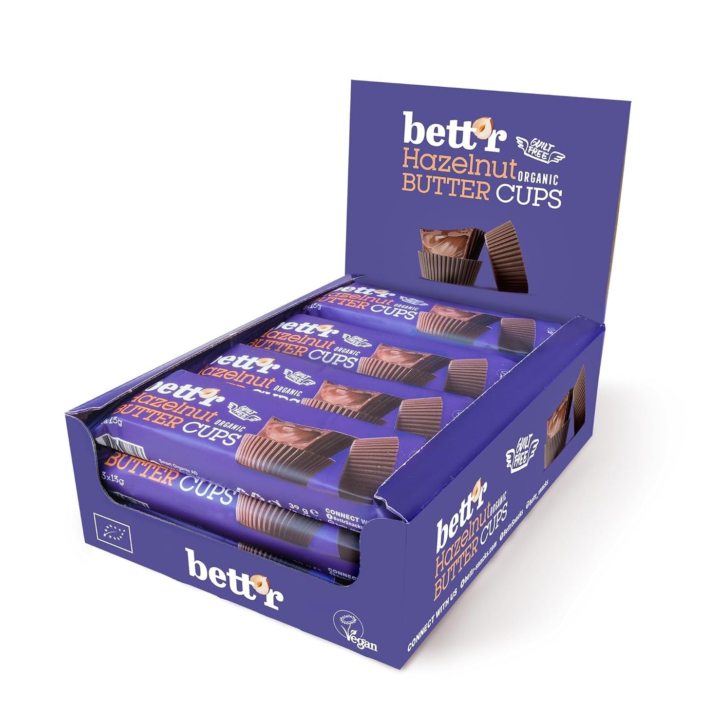 Organiczne jaskry z orzechów laskowych Bett'r Guilt Free. 100% wegańskie, bezglutenowe i bez laktozy - 12 x 39 g