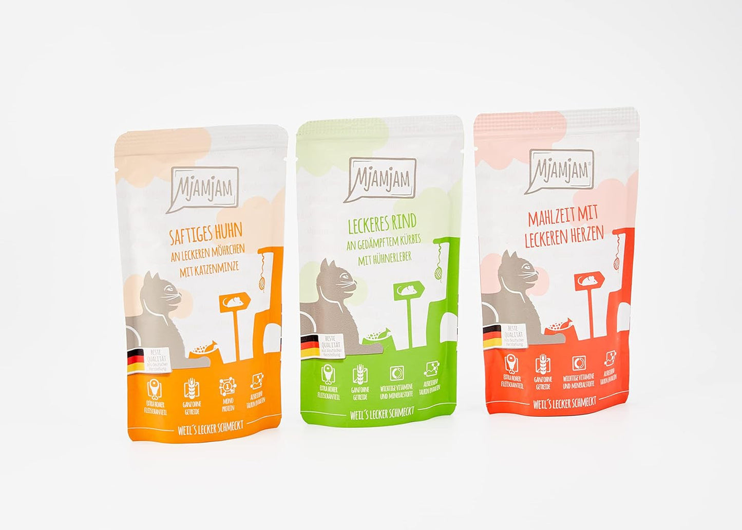MjAMjAM - Mokra karma premium dla kotów - Pakiet mieszany I - Kurczak, Wołowina, Serca 12 Pak (12 x 125 g), Bez Zbóż z Dodatkowym Mięsem