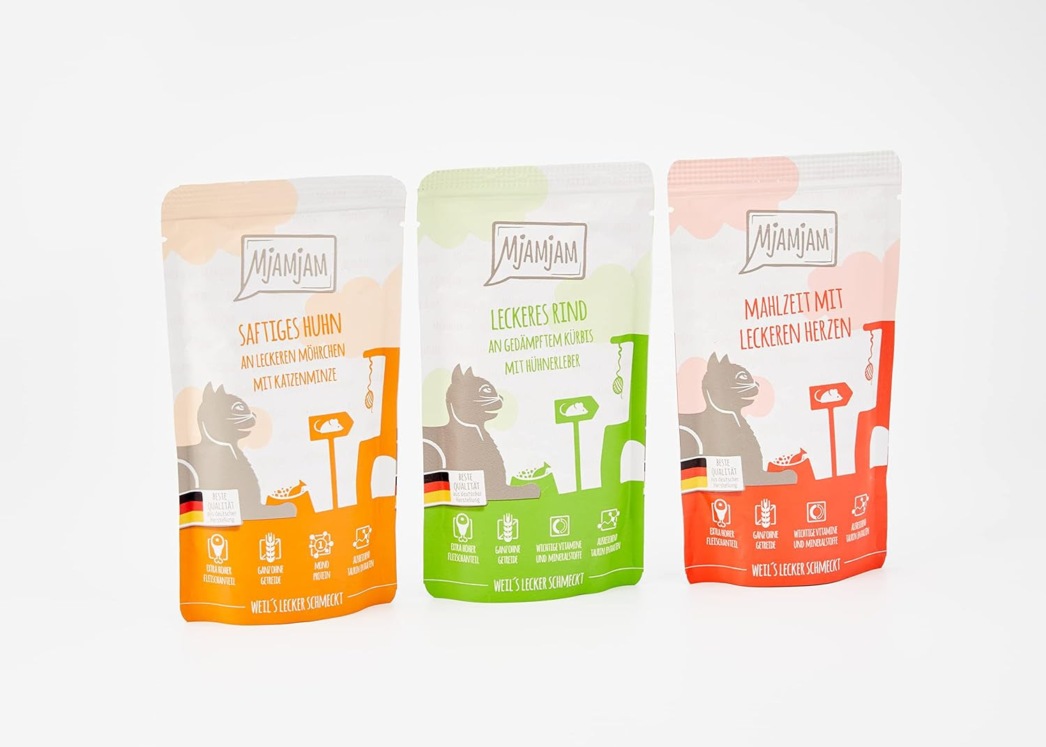 MjAMjAM - Mokra karma premium dla kotów - Pakiet mieszany I - Kurczak, Wołowina, Serca 12 Pak (12 x 125 g), Bez Zbóż z Dodatkowym Mięsem