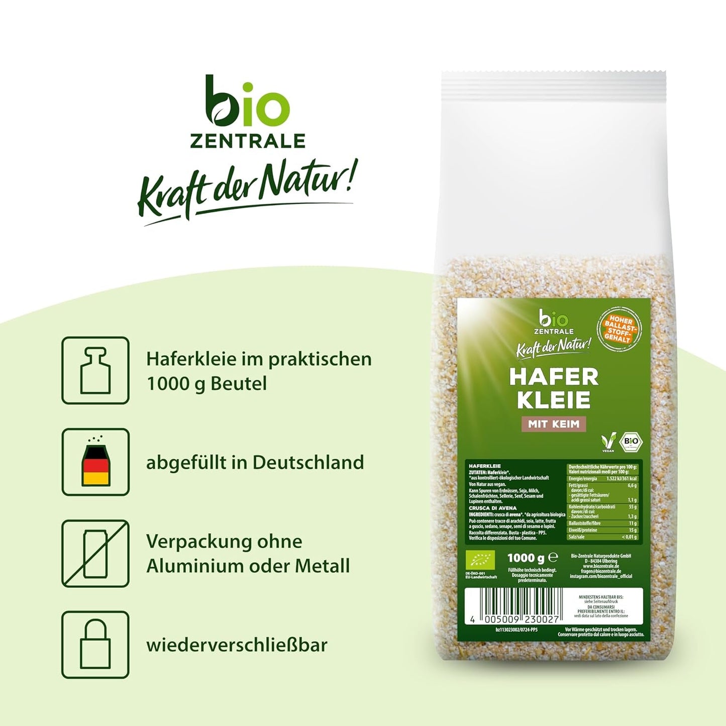 Biocentralne organiczne otręby owsiane 1 kg | Korzystny pakiet | Źródło białka o wysokiej zawartości błonnika | Naturalnie wegańskie | Z rolnictwa UE | Niska zawartość cukru