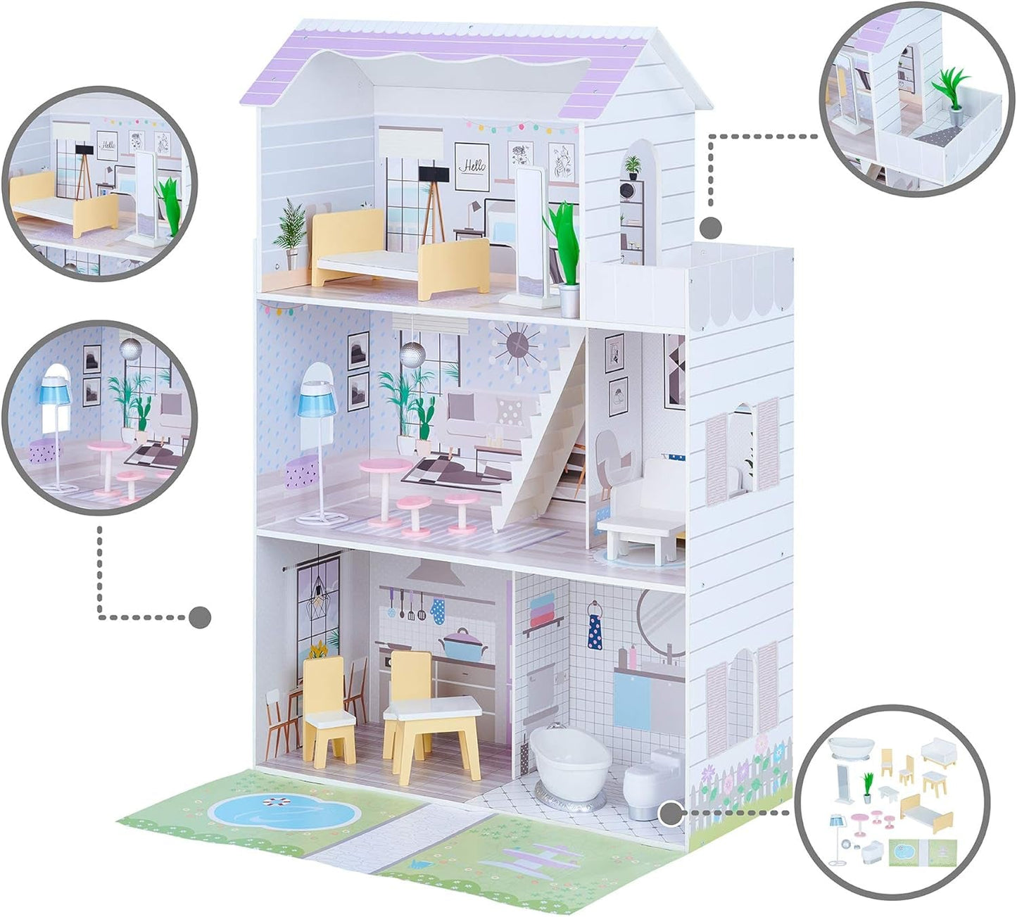 Teamson Kids Olivia's Little World Gigantyczny domek dla lalek z 16 akcesoriami dla lalek, drewniany domek dla lalek z meblami, 3-piętrowy, 30 cm domek dla lalek dla dzieci w wieku 3+