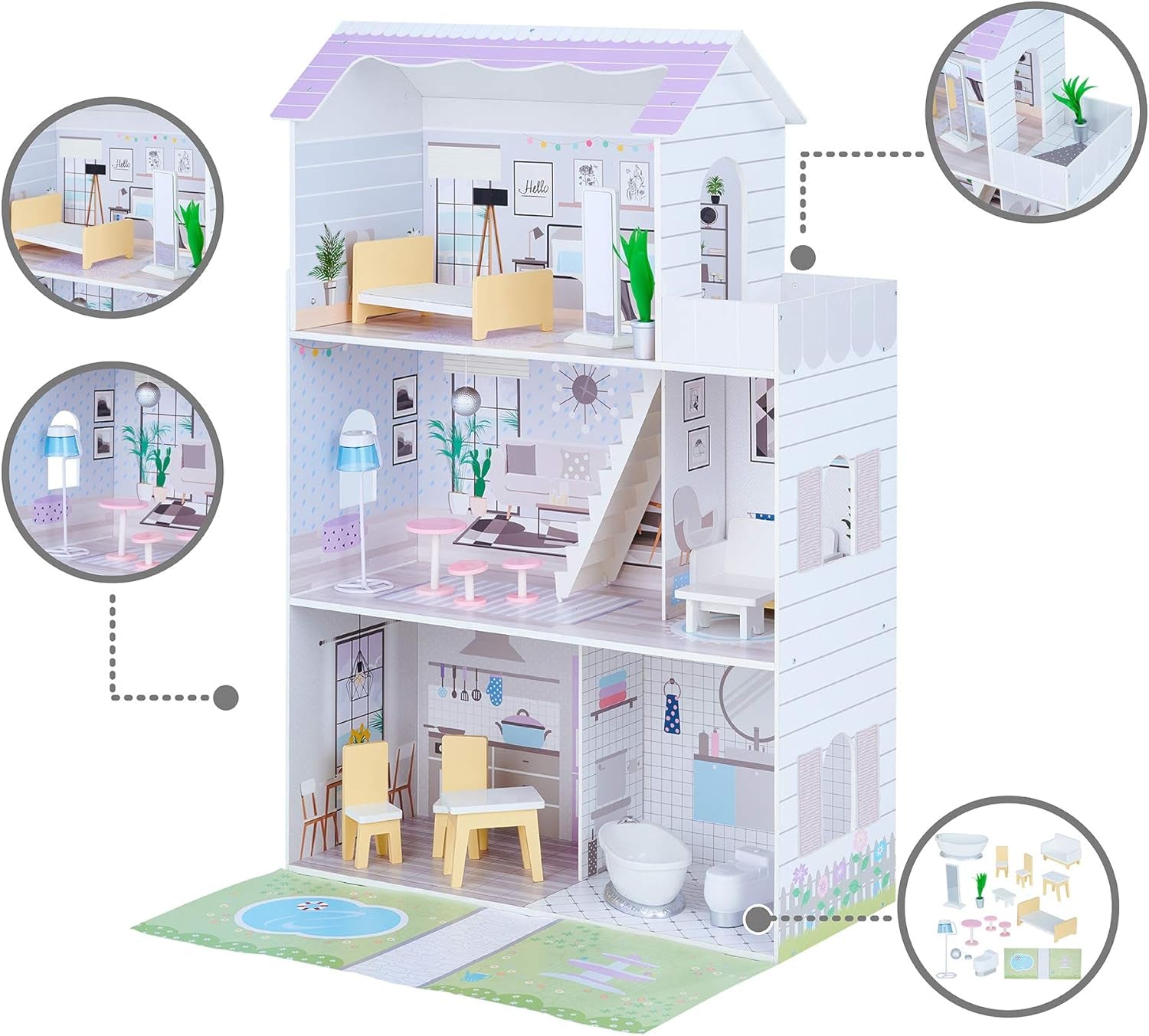 Teamson Kids Olivia's Little World Gigantyczny domek dla lalek z 16 akcesoriami dla lalek, drewniany domek dla lalek z meblami, 3-piętrowy, 30 cm domek dla lalek dla dzieci w wieku 3+
