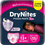 Huggies DryNites Nocne pieluszki do moczenia nocnego dla dziewczynek 13–około 17 lat (48–60 kg) 33 szt. (3 x 11) Duże miesięczne opakowanie XL Majtki pieluszkowe