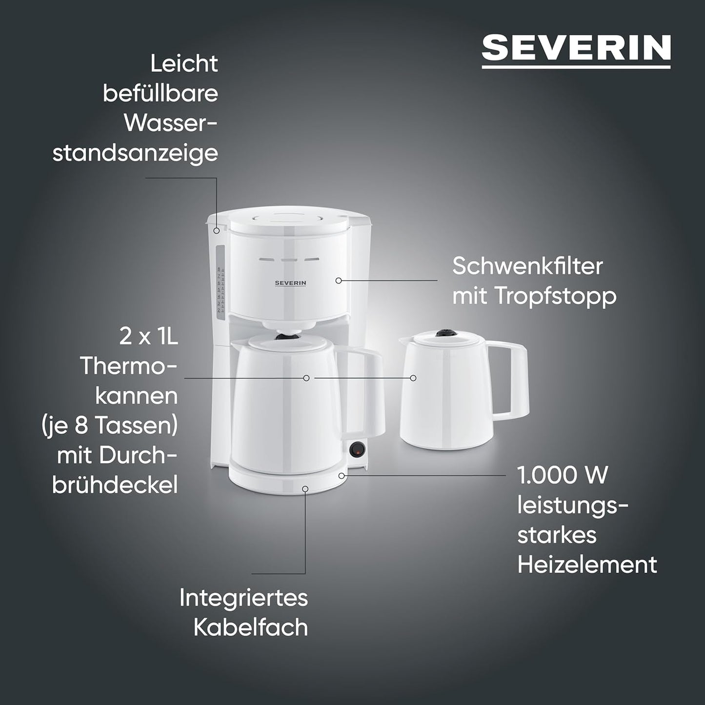 Ekspres Severin z filtrem i 2 karafkami termicznymi, ekspres do kawy z pokrywką, nalewanie bez kapania, długie utrzymywanie temperatury, automatyczne wyłączanie, 1000 W, ok. 1 litr, biały, KA 9309