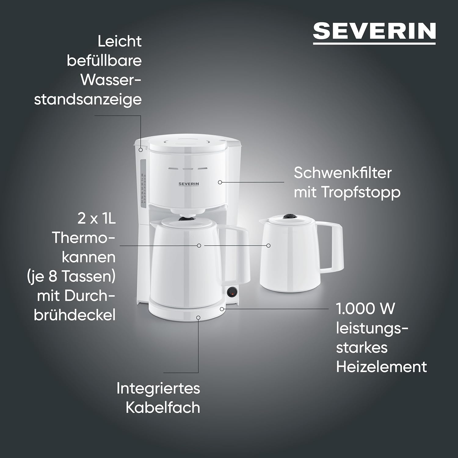 Ekspres Severin z filtrem i 2 karafkami termicznymi, ekspres do kawy z pokrywką, nalewanie bez kapania, długie utrzymywanie temperatury, automatyczne wyłączanie, 1000 W, ok. 1 litr, biały, KA 9309
