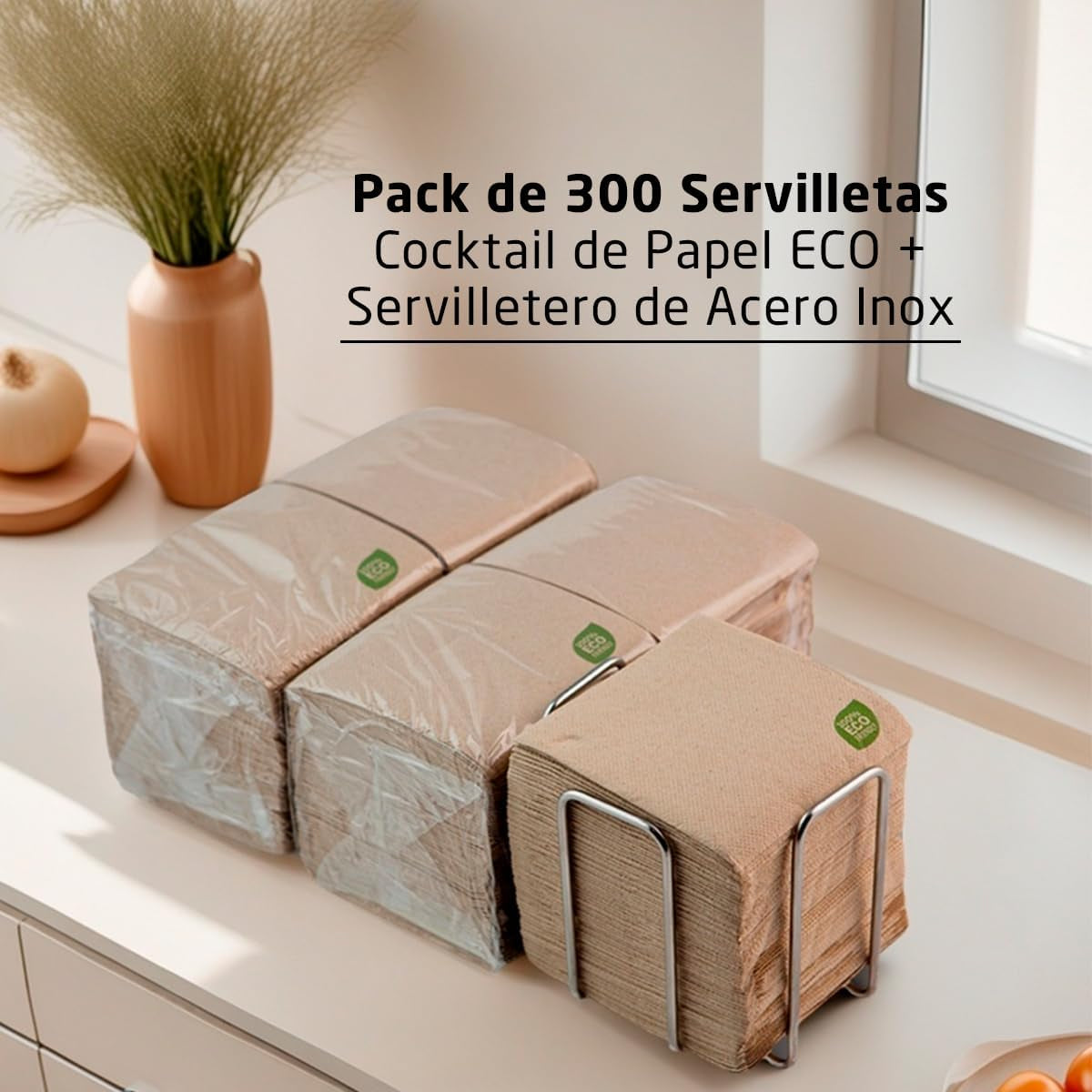300 szt. serwetek papierowych koktajlowych, w 100% nadających się do recyklingu i biodegradowalnych, stojak na serwetki ze stali nierdzewnej, serwetki ekologiczne, 10 x 10 cm, złożone.