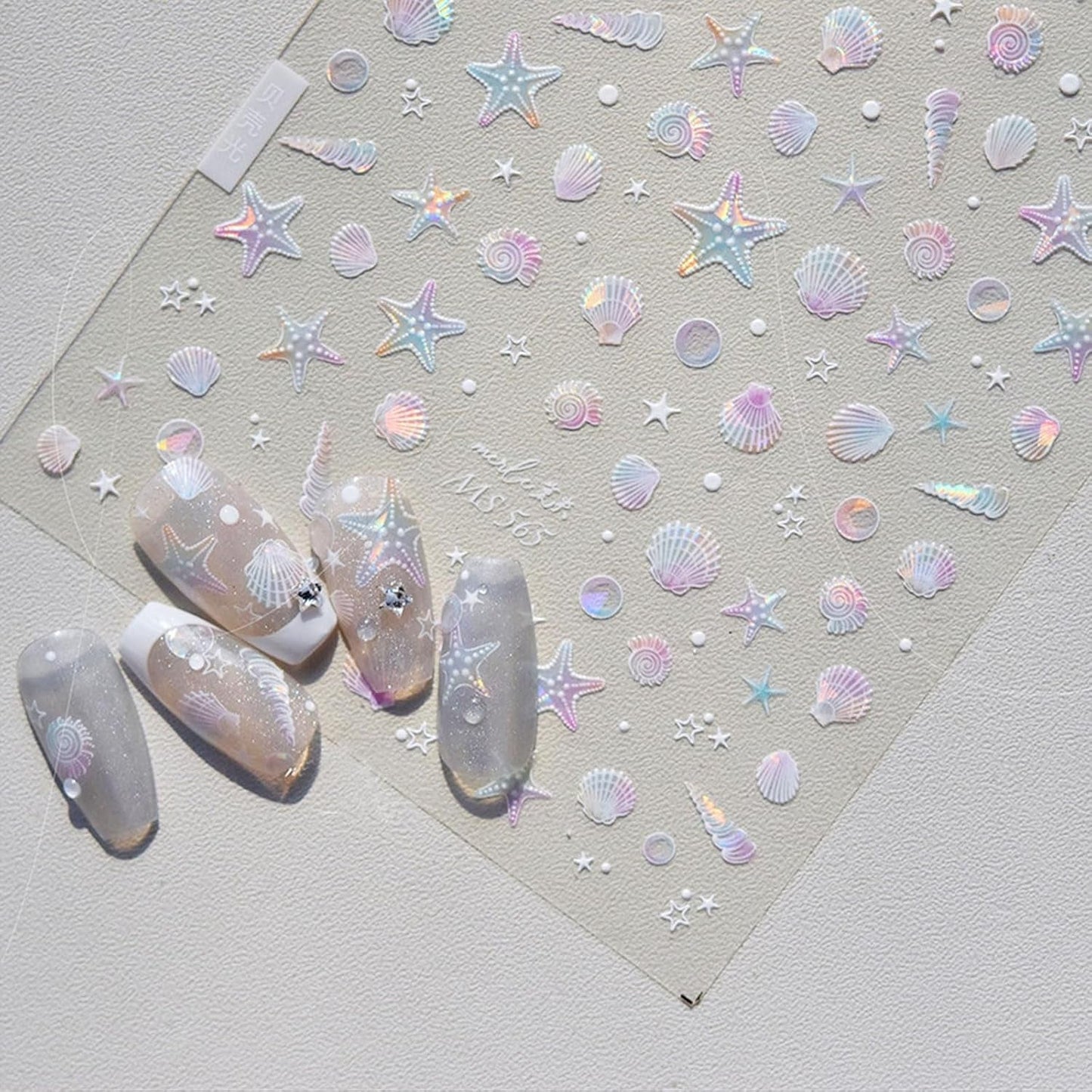 JMEOWIO 3D Nagelsticker Aurora Muschel Seestern Nail Art Naklejka Selbstklebend Nagelaufkleber 5D Stereoskopisch Ozean Thema Dekoration Nageldesign Zubehör 1 Blatt