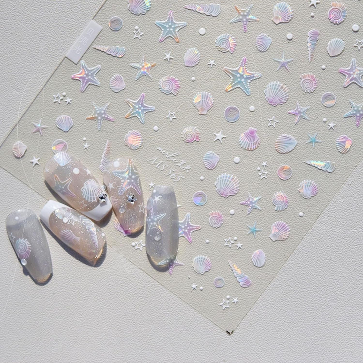 JMEOWIO 3D Nagelsticker Aurora Muschel Seestern Nail Art Naklejka Selbstklebend Nagelaufkleber 5D Stereoskopisch Ozean Thema Dekoration Nageldesign Zubehör 1 Blatt