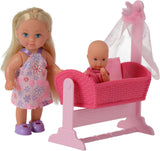 Simba 105736242 - Evi Love Doll Cradle 2 Różne Evi jako niania z kołyską i modną lalką dla niemowląt 12 cm od 3 lat i więcej