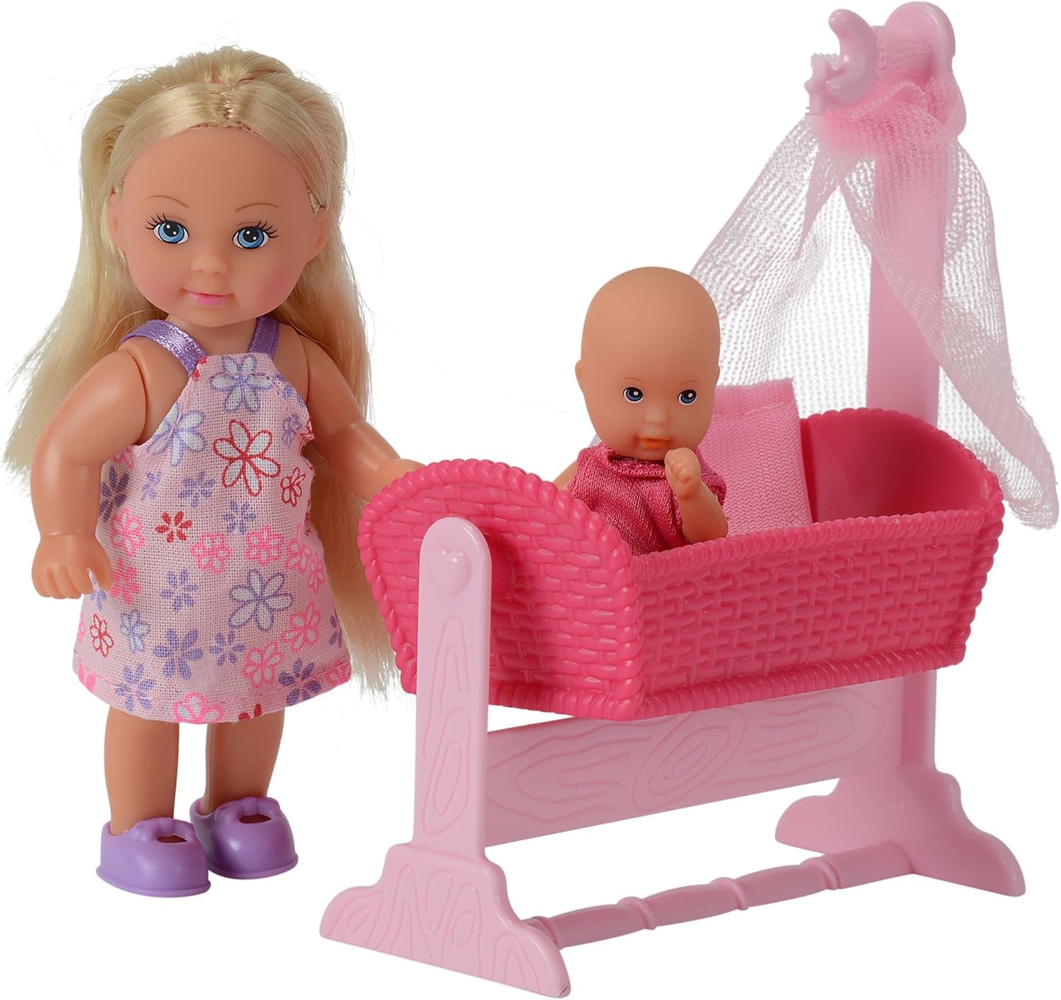 Simba 105736242 - Evi Love Doll Cradle 2 Różne Evi jako niania z kołyską i modną lalką dla niemowląt 12 cm od 3 lat i więcej