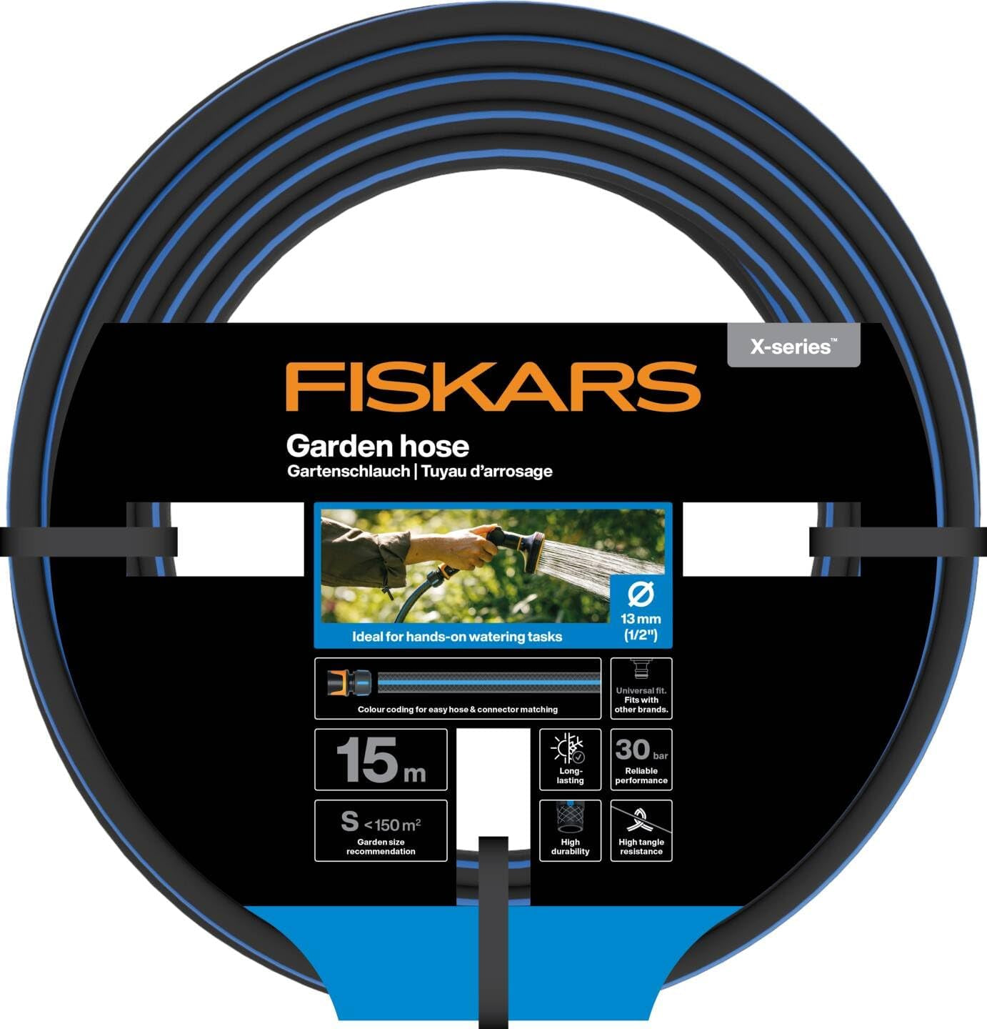 Wąż ogrodowy Fiskars S, seria X, wąż wodny do ręcznego podlewania, 13mm (1/2"), długość: 15m, złącze uniwersalne, ochrona przed promieniowaniem UV, ochrona przed mrozem, odporny na skręcanie, niebieski, 1076044
