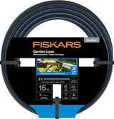 Wąż ogrodowy Fiskars S, seria X, wąż wodny do ręcznego podlewania, 13mm (1/2"), długość: 15m, złącze uniwersalne, ochrona przed promieniowaniem UV, ochrona przed mrozem, odporny na skręcanie, niebieski, 1076044