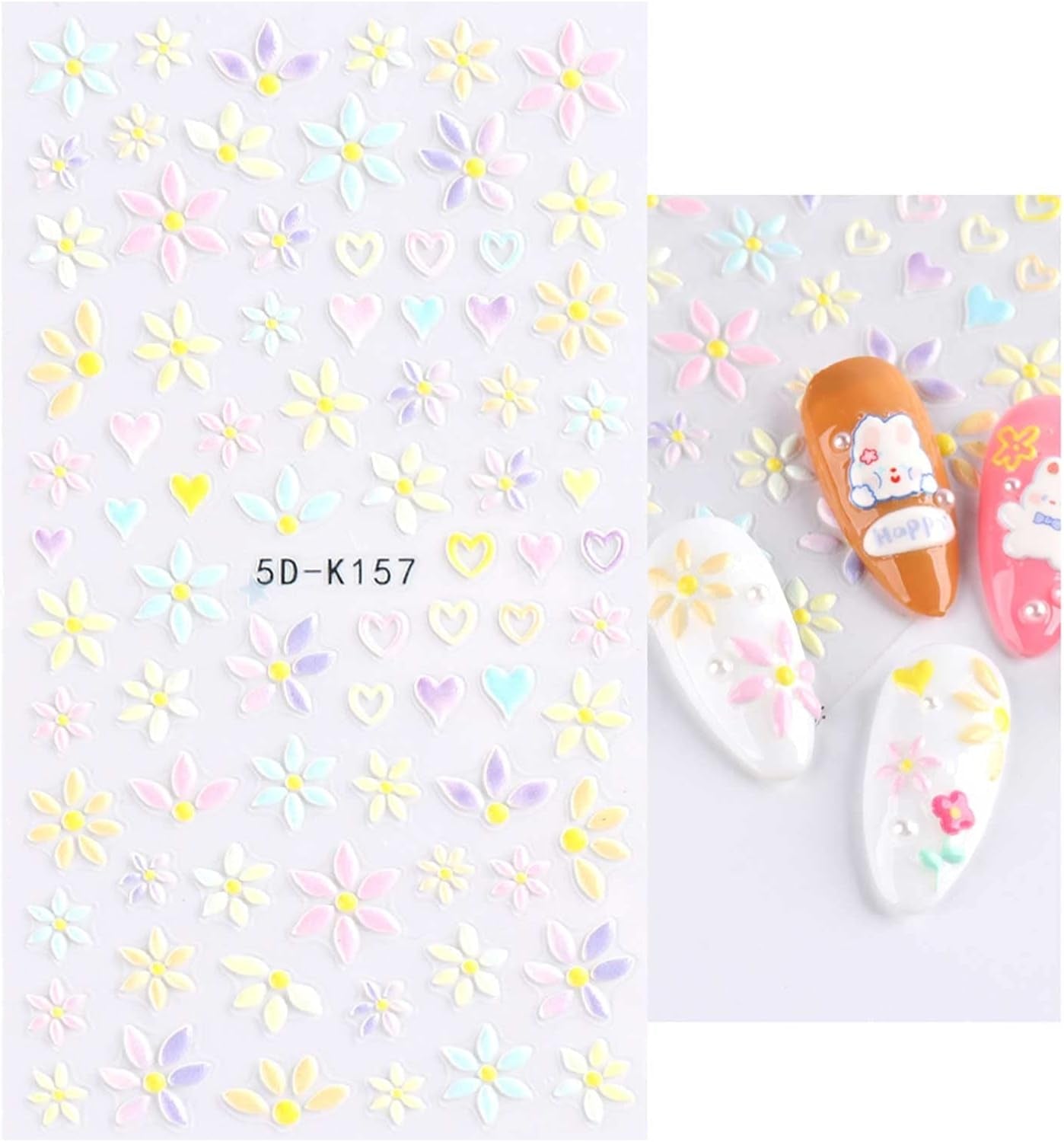 JMEOWIO 3D Nagelsticker Frühling Blumen 5 Blatt Nagelaufkleber 5D Stereoskopisch Selbstklebend Bunte Blüte Nail Art Naklejka Dekoracja Nageldesign Zubehör